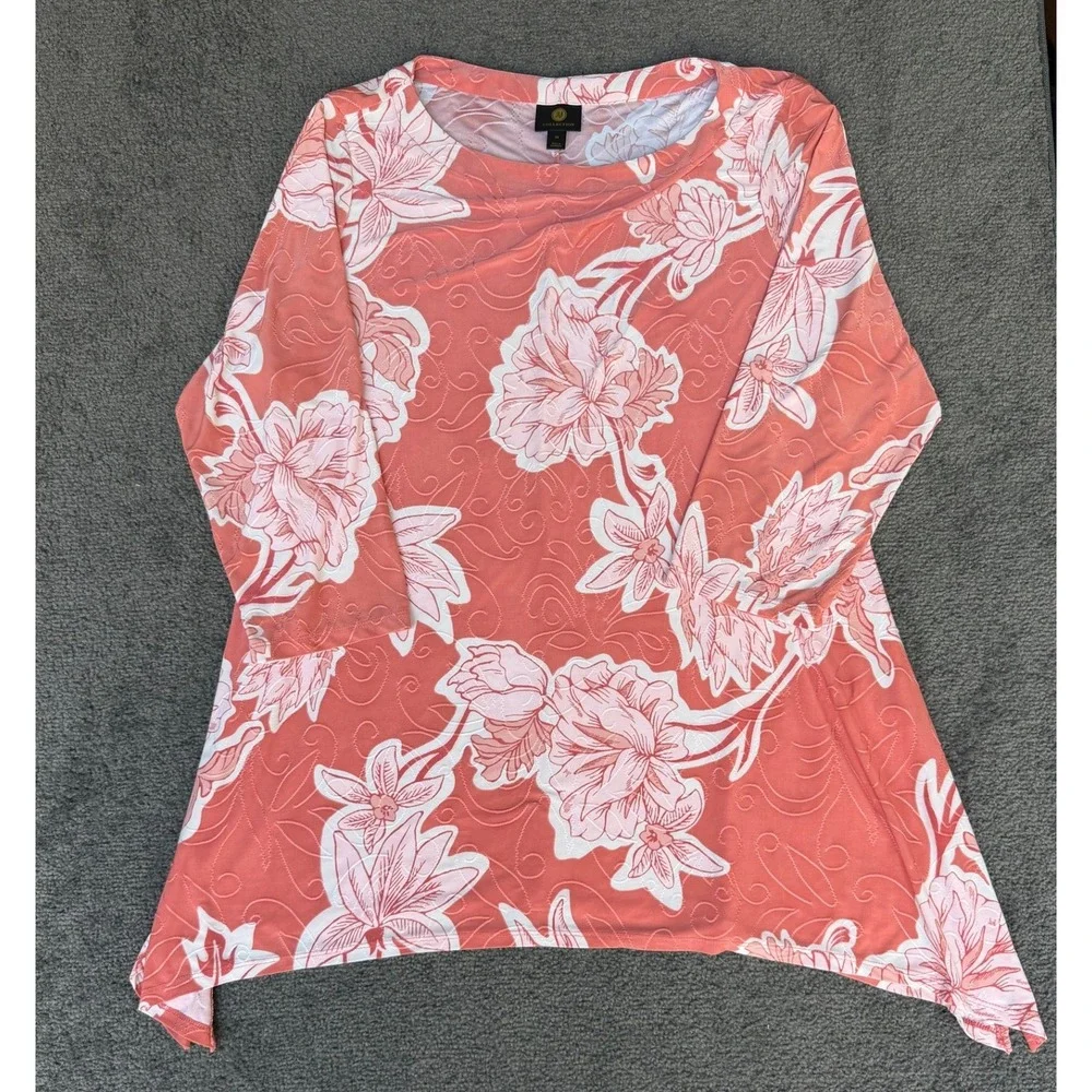 JM Collection Coral Pink Floral Sharkbite Tunic Top 3/4 Sleeve Plus Size 2X